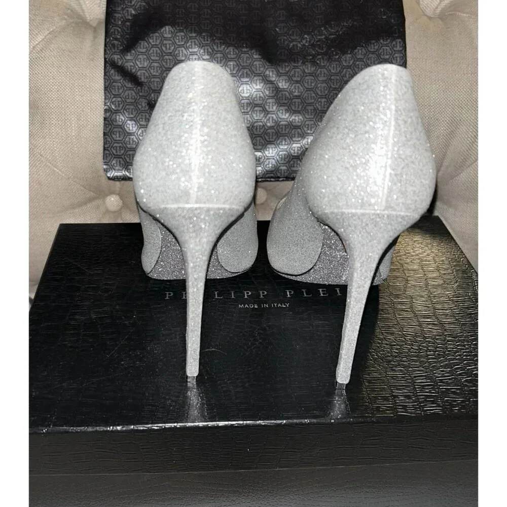 NIB $880 Philipp Plein 120mm Glitter Decollete Pumps Silver Size 9